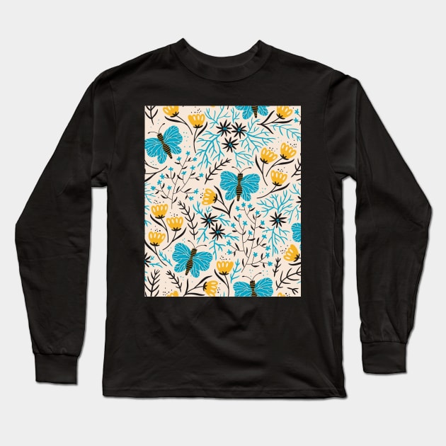 Flower And Butterfly Seamless Pattern Long Sleeve T-Shirt by FaelynArt